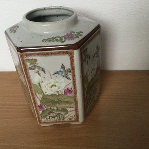 Vintage Japanese ceramic hexagonal shape jar flowers and birds decoration